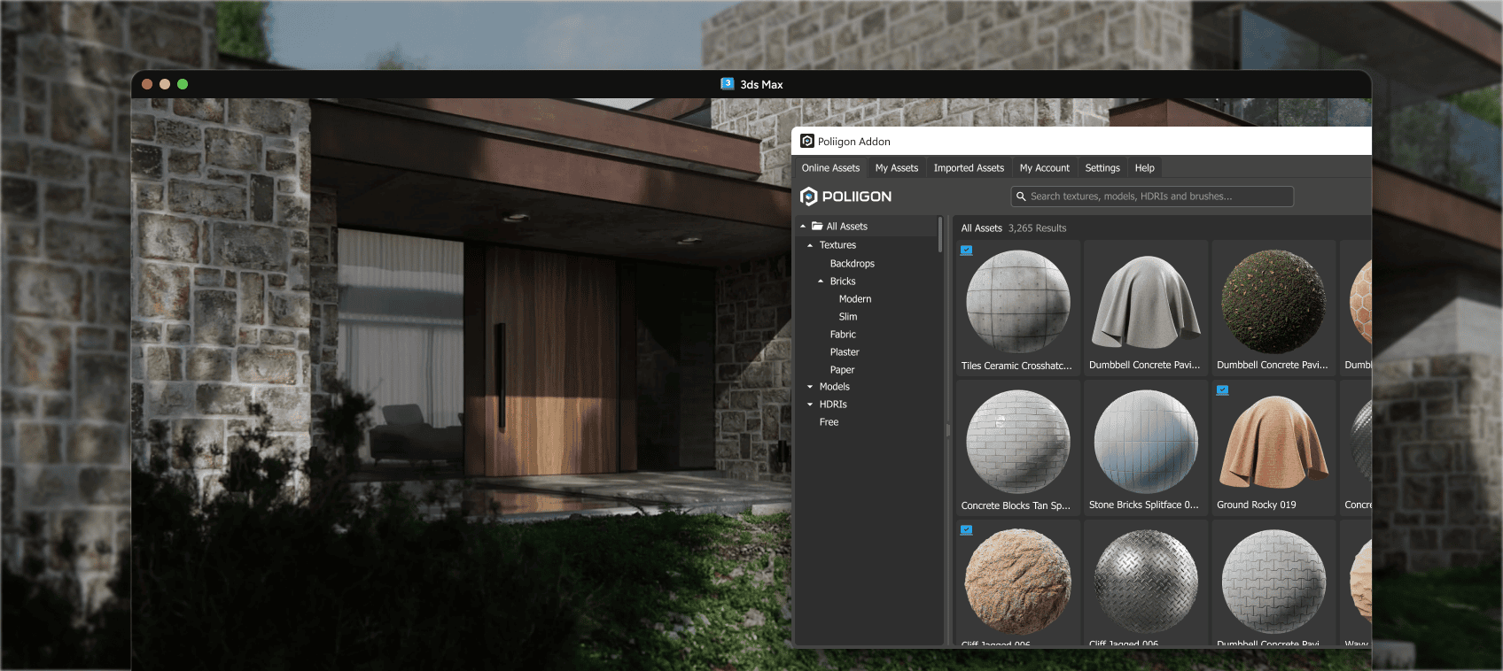 작동 중인 Poliigon 3ds Max 플러그인