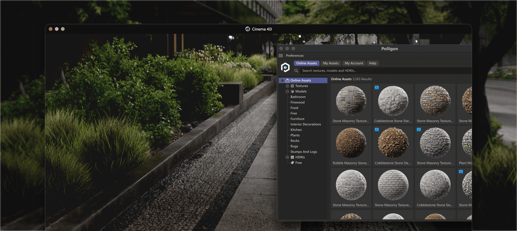 작동 중인 Poliigon Cinema 4D Plugin